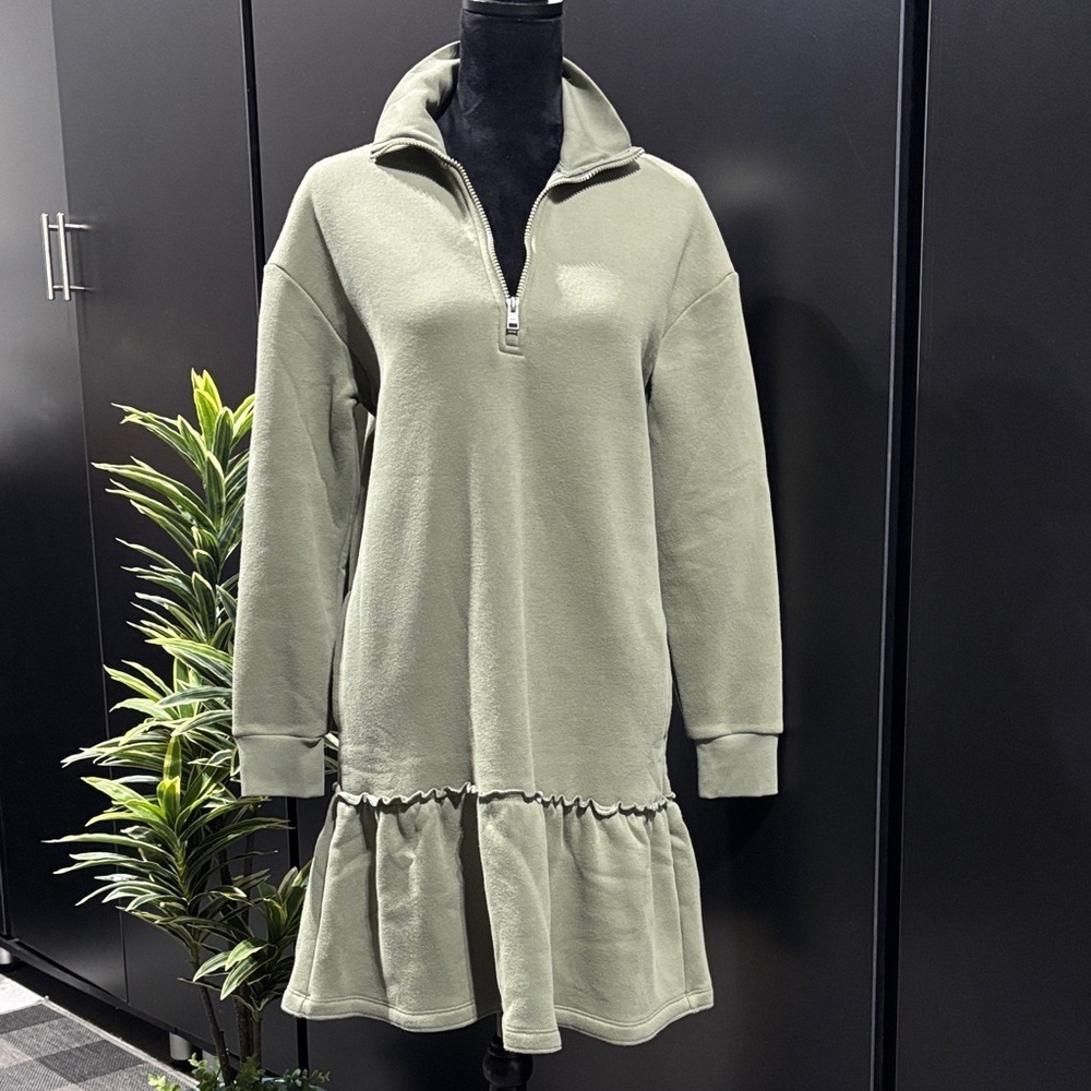 UpWest Fleece Lined,tiered hem,high neck 1/4 zip,pockets,knit cuff,olive